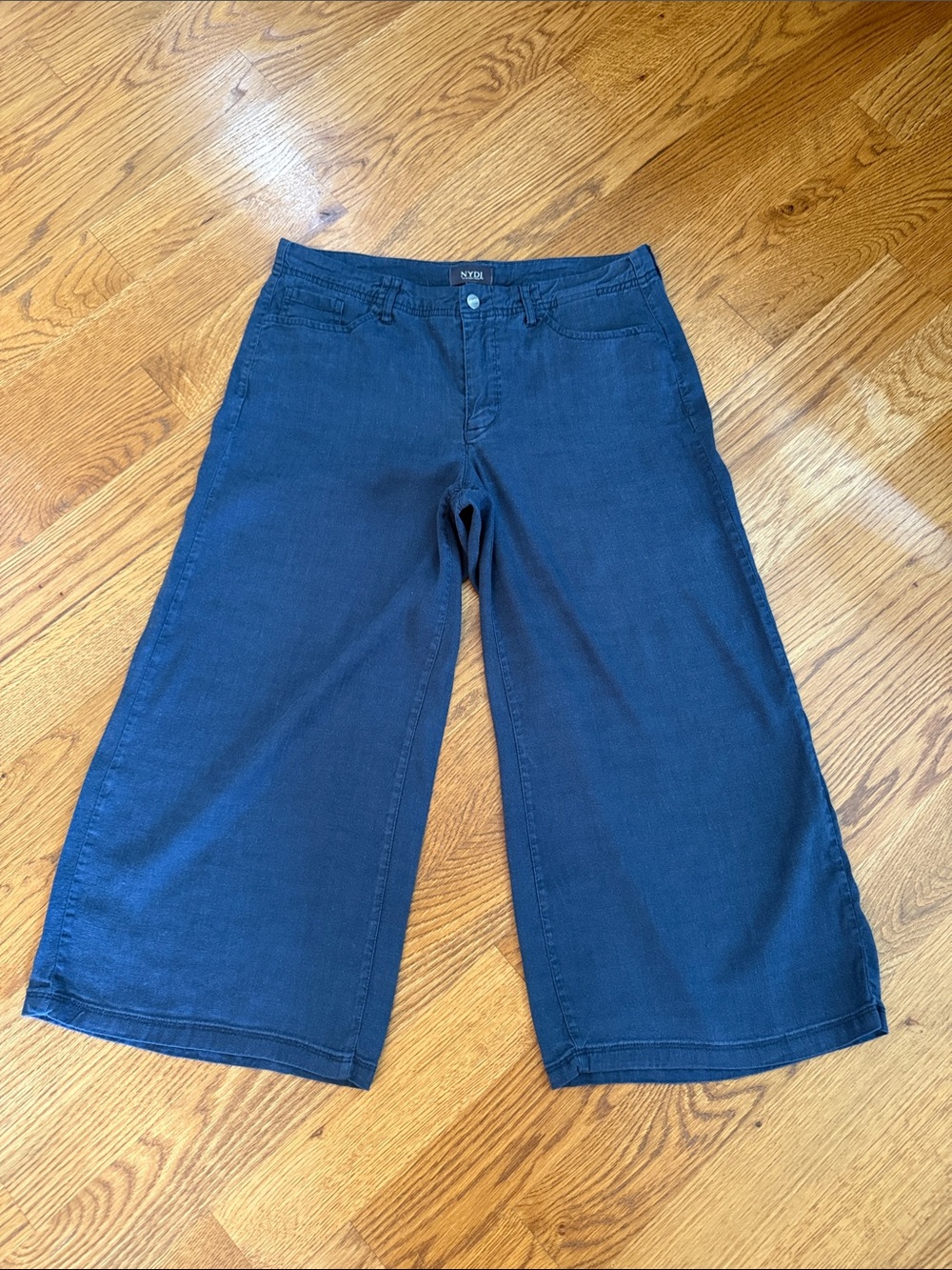 NYDJ 6P Oxford Navy Linen Blend Wide Leg Crop Pants Lift Tuck